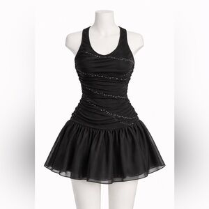 Black Ruched Mini Dress with Pearl Detail & Tulle Skirt | Party Cocktail Dress